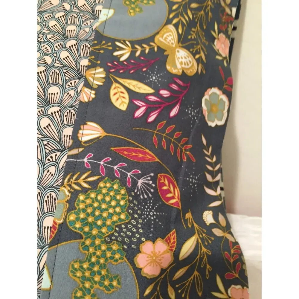 One Handmade Cotton Pillowcase: Abstract Design, Gray and Pink with Floral Band